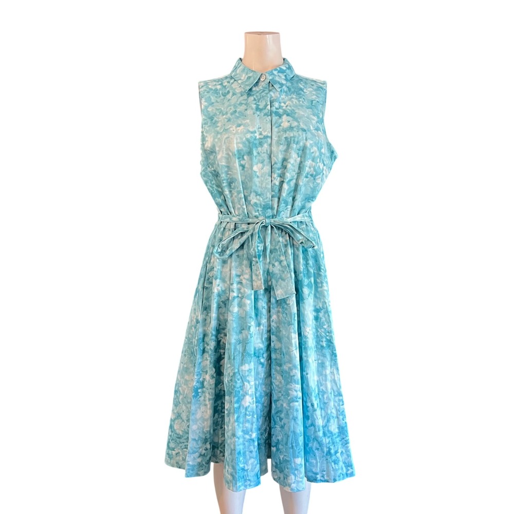 Talbots Turquoise White Abstract Print Sleeveless Belted Shirt Dress 16 NWT
